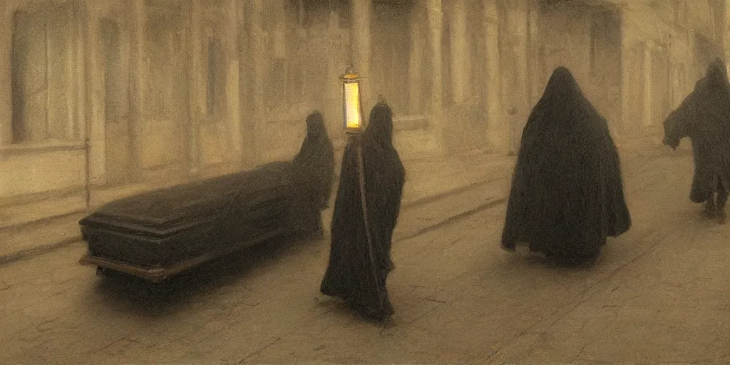 Image similar to a cloaked man dragging a black wooden coffin down the street by a chain lit only by gas lamps by john howe and henry ossawa tanner, trending on artstation, hyperrealism, highly detailed, art gallery, museum piece