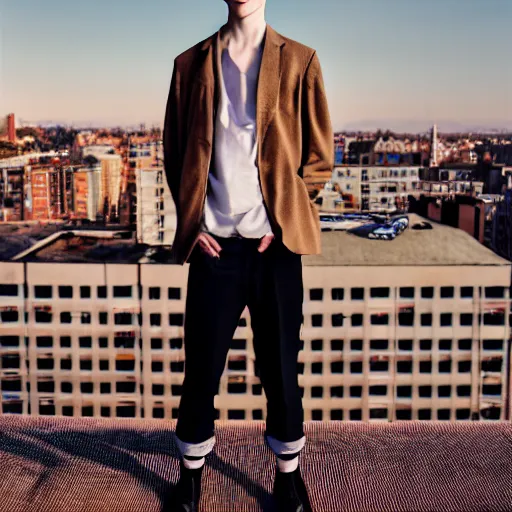 Image similar to un ultra high definition fashion editorial photographic portrait of a pale young man standing on the rooftop of an apartment building wearing all eclectic clothes. wide angle. three point light. extremely detailed. golden hour, golden ratio, ray tracing, volumetric light, shallow depth of field.