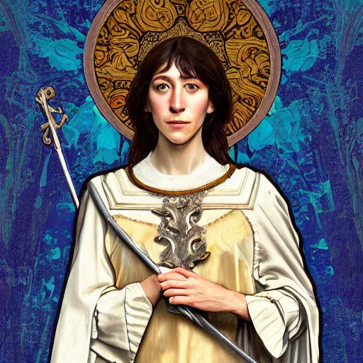 Image similar to portrait of charlotte gainsbourg as joan of arc, hyperreal digital painting, iconography influenced by alphonse mucha and eugene delacroix, arstation and deviantart trends, high resolution 8 k