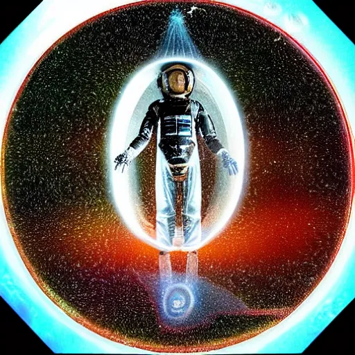 Image similar to ”ancient astronaut in a bubble floating into a mysterious vortex in a strange galaxy, [epic, aweinspiring, otherwordly, detailed, realistic]”