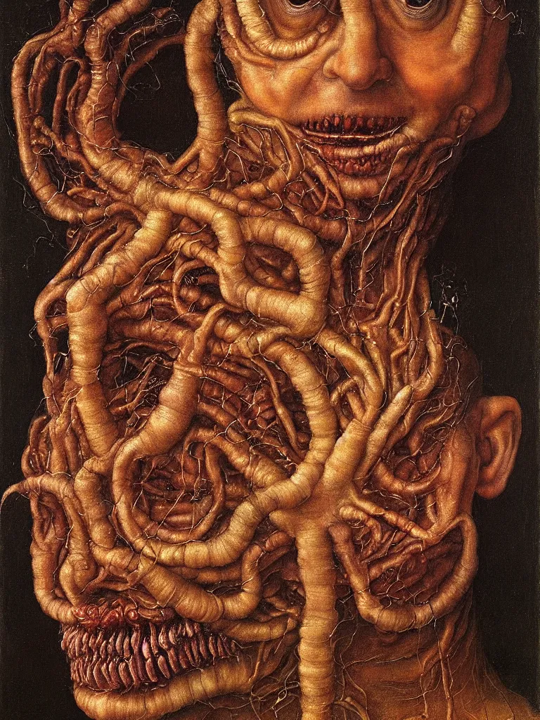 Image similar to a boy made of worms, looking straight into camera, by giuseppe arcimboldo and ambrosius benson, renaissance, a touch of beksinski and hr giger and edward munch, realistic