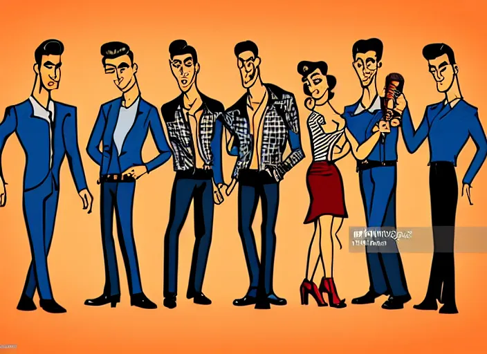 Image similar to rockabilly band in the style of archer cartoon, 1950s