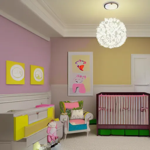Image similar to modern interior home design for baby room, with cute drawings and colors. Photorealistic, ultra-detailed, high resolution, HDR shot