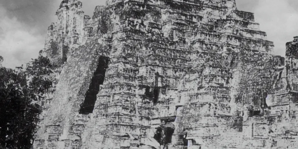 Prompt: black and white old 1 9 3 0 s damaged polaroid photo of a real alien with mayans in the ruins of tikal