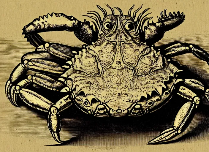 Prompt: crab monster character design. by rembrandt 1 6 6 7, illustration