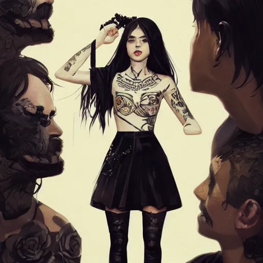 Image similar to french bar maid, tattoos, black t - shirt, black skirt, detailed portrait, intricate complexity, by greg rutkowski, artgerm, ross tran, conrad roset, takato yomamoto, ilya kuvshinov. 4 k, beautiful, cinematic dramatic atmosphere