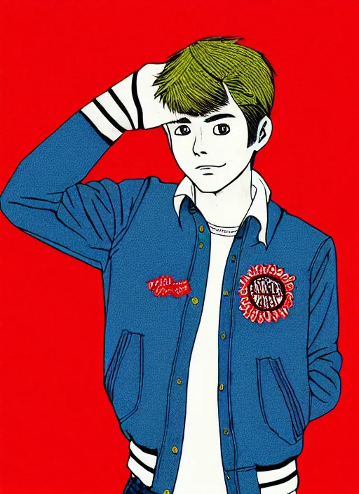 Prompt: portrait of teenage archie andrews, freckles, varsity jacket, intricate, highly detailed, illustration, art by junji ito, junji ito