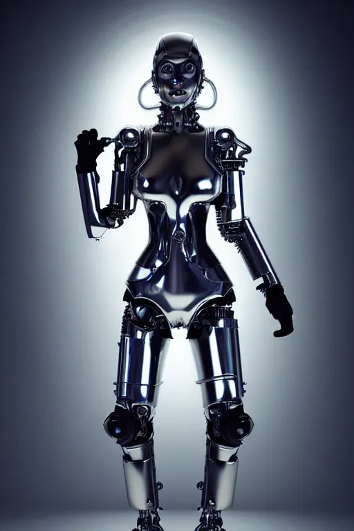 Image similar to female chrome futuristic cyborg with curved metal horns, chrome motorcycle parts, full body, machine background HEAVY METAL, , dark fantasy, diffuse lighting, intricate, highly detailed, lifelike, photorealistic, digital painting, trending on artstation, smooth, sharp focus, art by John Collier and Albert Aublet and Krenz Cushart and Artem Demura and Alphonse Mucha