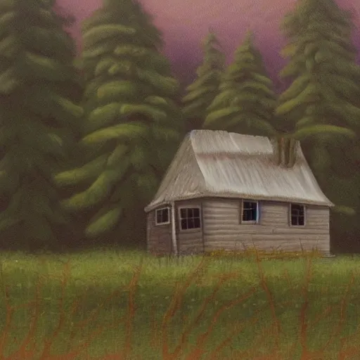 Image similar to a painting of a eerie cabin in the middle of the woods in the style of grant wood