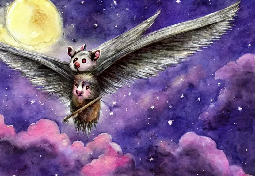 Image similar to the legendary colorful winged possum is flying over a medieval castle under the dark starred sky, dark fantasy, watercolor, dreaming illusion, highly detailed, 4k, trending on Artstation, award-winning