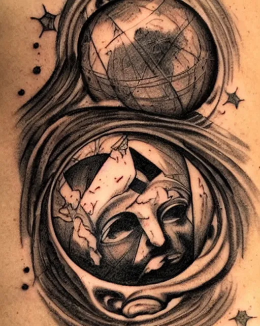 Image similar to planets coming out from the top of a broken renaissance head statue, tattoo design, hyper - realistic, in the style of tony santos