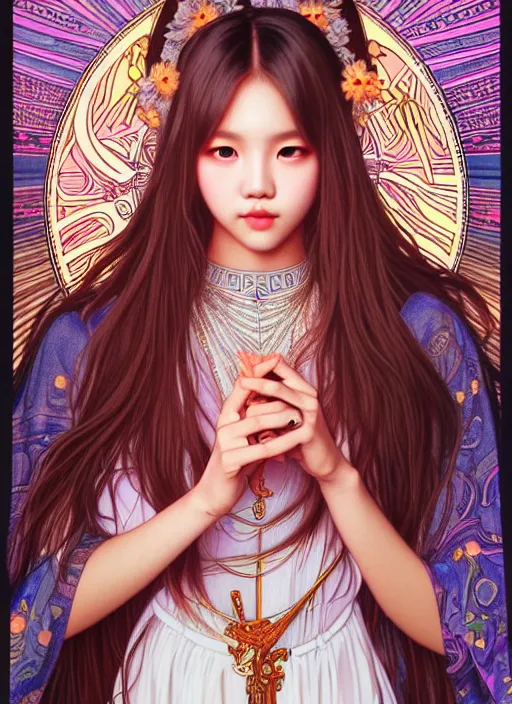 Image similar to lalisa manoban of blackpink, goddess of the moon, tarot card, highly detailed, digital painting, smooth, sharp focus, illustration, ultra realistic, 8 k, art by artgerm and alphonse mucha