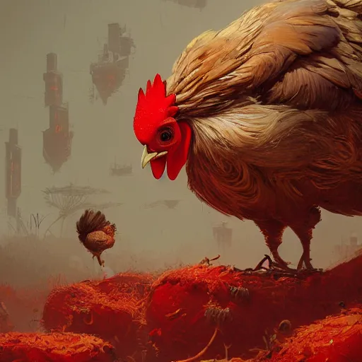 Prompt: chickens growing out of red mushroom, highly detailed, illustration, sci - fi art, cyberpunk, in the style of greg rutkowski, epic, realistic, intricate, hyper detailed, artstation, concept art, smooth, sharp focus, ray tracing