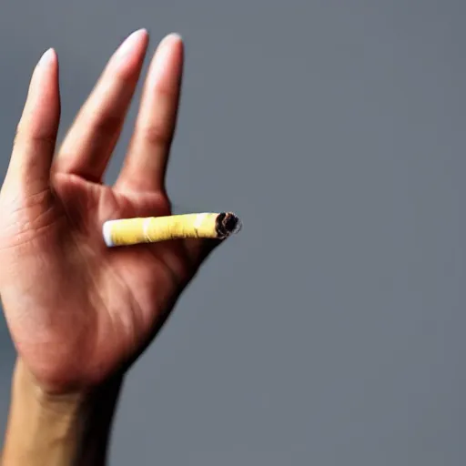 Image similar to very accurate photo, very coherent image, hyper realistic photo of a female hand, open palm, with an cigarette between index and middle finger