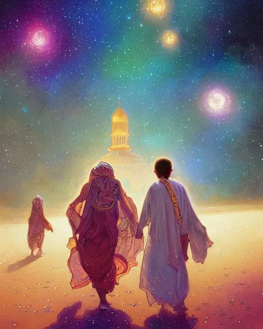 Image similar to bedouin man and woman and child in galaxy walking towards mosque surrounded by nebula, highly detailed, gold filigree, romantic storybook fantasy, soft cinematic lighting, award, disney concept art watercolor illustration by mandy jurgens and alphonse mucha and alena aenami, pastel color palette, featured on artstation