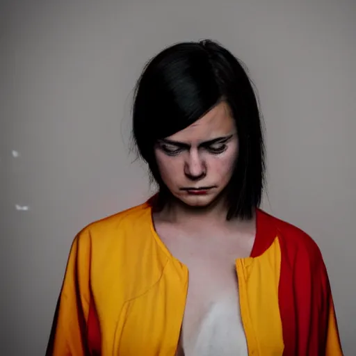 Prompt: a photo of a woman. moody and melanchony. with small amount of red and yellow.