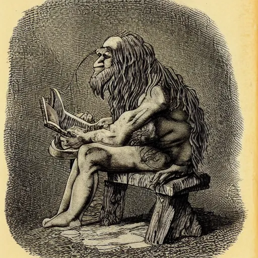 Prompt: troll, fantasy, engraving, old book