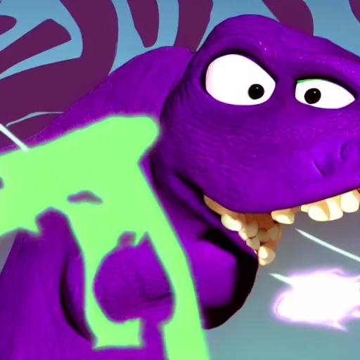 Image similar to Barney the purple dinosaur fighting orphans 8k