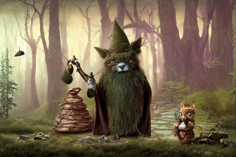 Image similar to old wizard and his forest furry creature matte painting, 3 d highly detailed, in the style of mark ryden