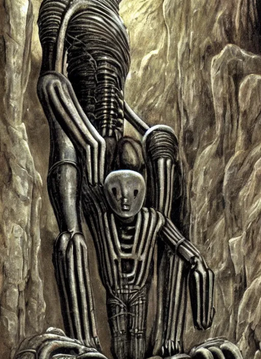 Image similar to giant steel golem in a cave, giger