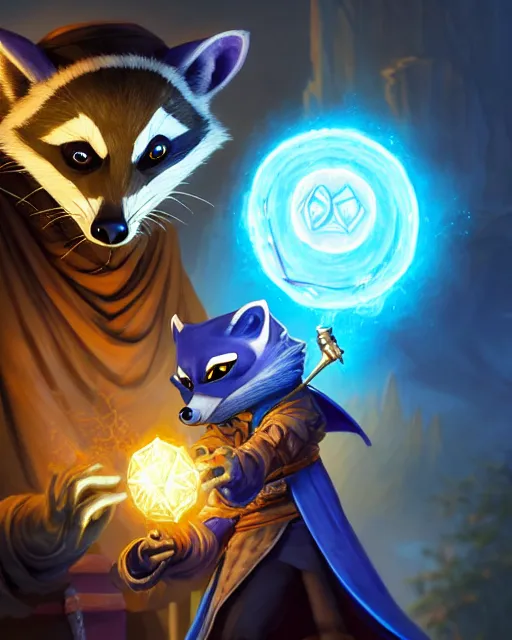 Prompt: closeup, highly detailed digital illustration portrait of hooded sorcerer sly cooper raccoon casting a magical energy sparkling blue glowing spell in an ancient castle, action pose, d & d, magic the gathering, by rhads, frank frazetta, lois van baarle, jean - baptiste monge, disney, pixar,