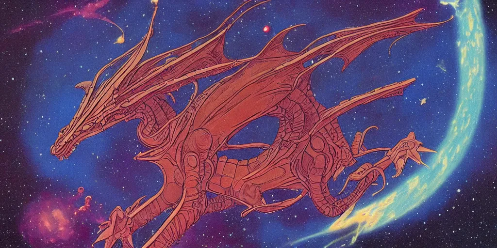 Image similar to an alien dragon flying through outer space, epic nebula, style of jean giraud moebius matte illustration