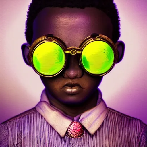 Image similar to colourful vfx portrait - art of a nigerian boy wearing steam punk goggles, art by utagawa kunisada & james jean, digital illustration, digital render, volumetric light, ray tracing, symmetrical, unreal engine, octane 3 d render, sharp, detailed, highly detailed, intricate detail, pinterest, behance, art station,