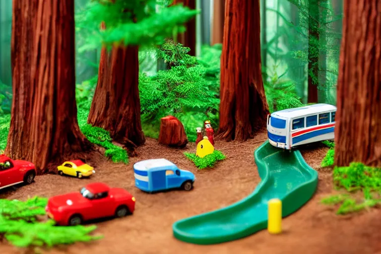 Image similar to fisher price redwood forest, california scene from tv show hyper detailed 5 5 mm 8 5 mm, toy photography, made out of plastic