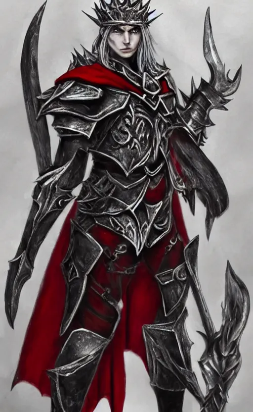 Image similar to A male elf, 20 years old, short silver hair, red eyes, wearing a spiked black metal crown, black heavy armor with gold trim, and a red cape, lean but muscular, attractive, command presence, royalty, weathered face, smooth, sharp focus, illustration, concept art, highly detailed, muscle definition, fantasy paitning, ArtStation, ArtStation HQ