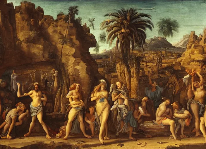 Image similar to : „a painting of a group of people outside in tropical desert Atlantis city, an ultrafine detailed painting by Giovanni Paolo Pannini, cg society, renaissance, da vinci, detailed painting, academic art“