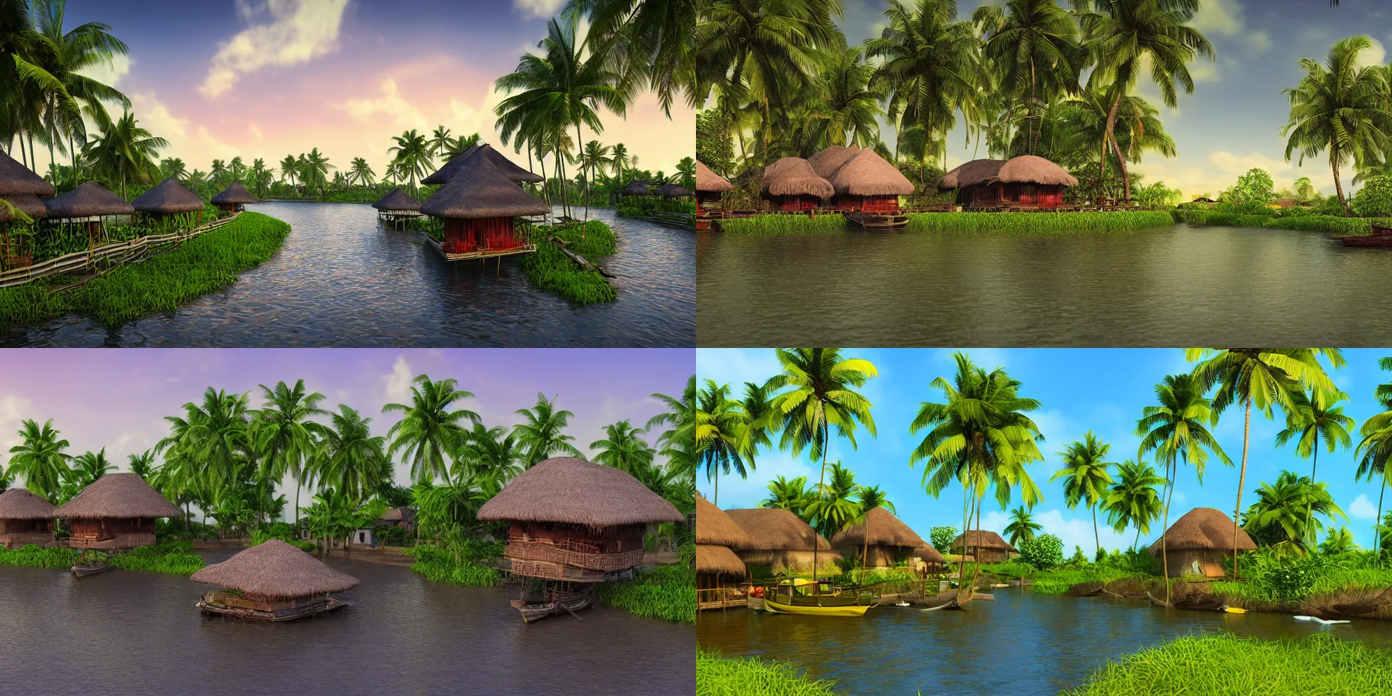 Prompt: a cinematic landscape of a river side kerala village, thatched houses and coconut trees, 11mm lens, cinematic, dreamy, cinema 4D, volumetric lighting