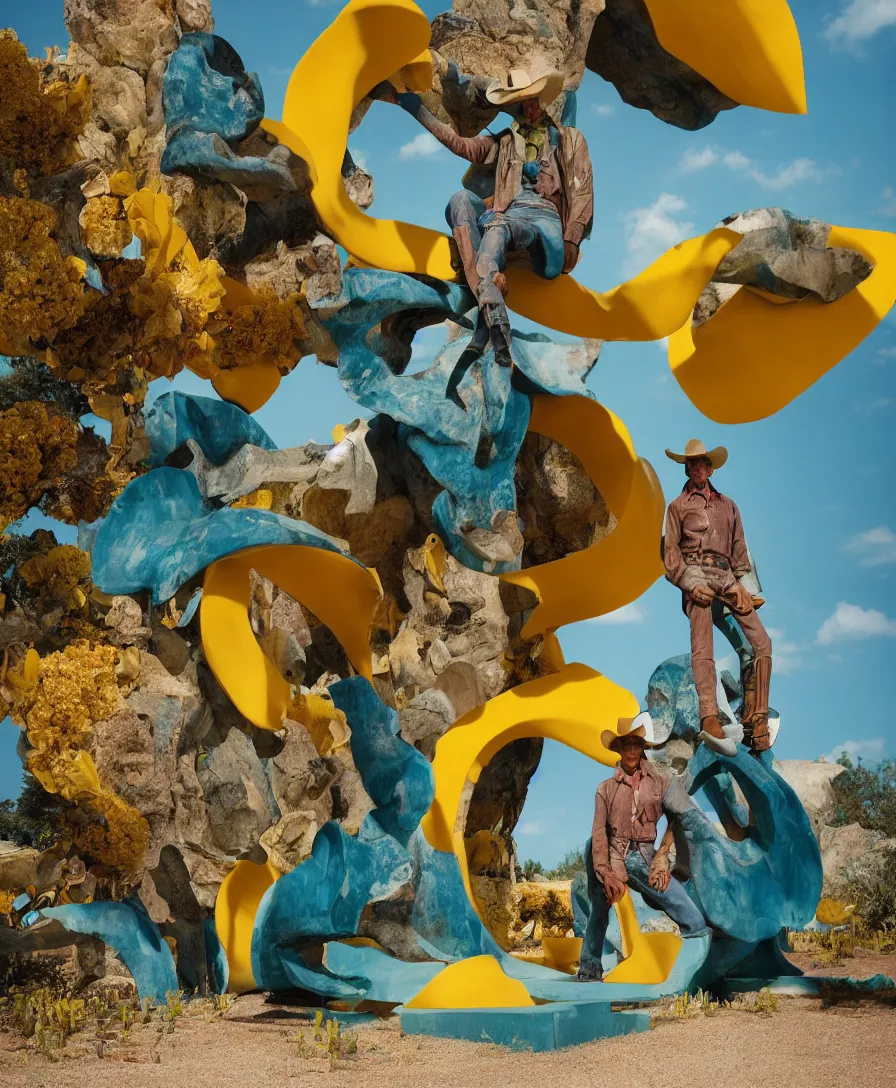 Image similar to a cowboy turning into blooms by slim aarons, by zhang kechun, by lynda benglis. tropical sea slugs, brutalist angular sharp tractor tires. complementary colors. warm soft volumetric dramatic light. national geographic. 8 k, rendered in octane, smooth gradients. sculpture by antonio canova. yellow teal accents.