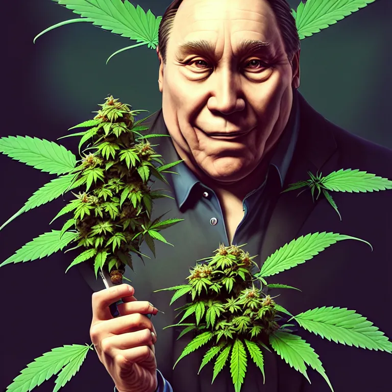 Image similar to a portrait of evil cannabis plant smoking premier francois legault illustrated by miyazaki by karol bak, james jean, tom bagshaw, rococo, sharp focus, trending on artstation, cinematic lighting, hyper realism, octane render, 8 k, hyper detailed, vivid, ultra detailed, highly detailed