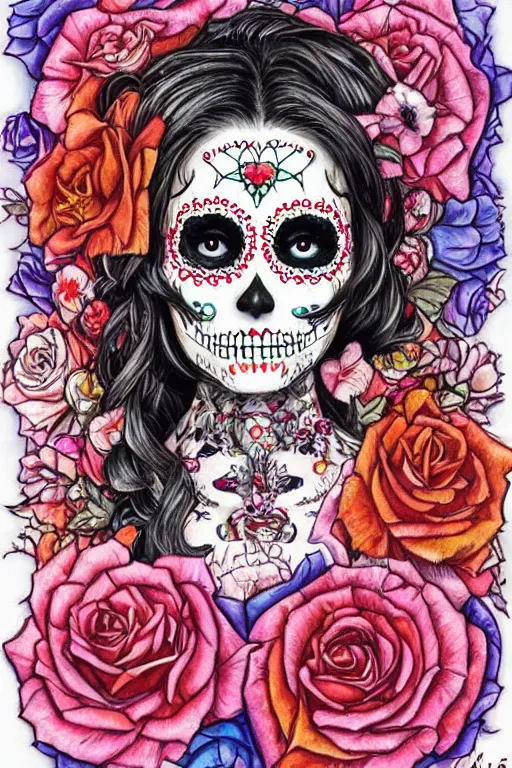 Image similar to illustration of a sugar skull day of the dead girl, art by ayami kojima