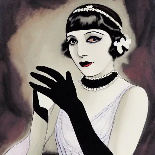 Prompt: a 1 9 2 0 s flapper woman offering her hand to dance in black satin gloves, enticing the viewer to join a jazz party taking place behind her in a dimly lit speakeasy, circa 1 9 2 4, depth of field, oil on canvas