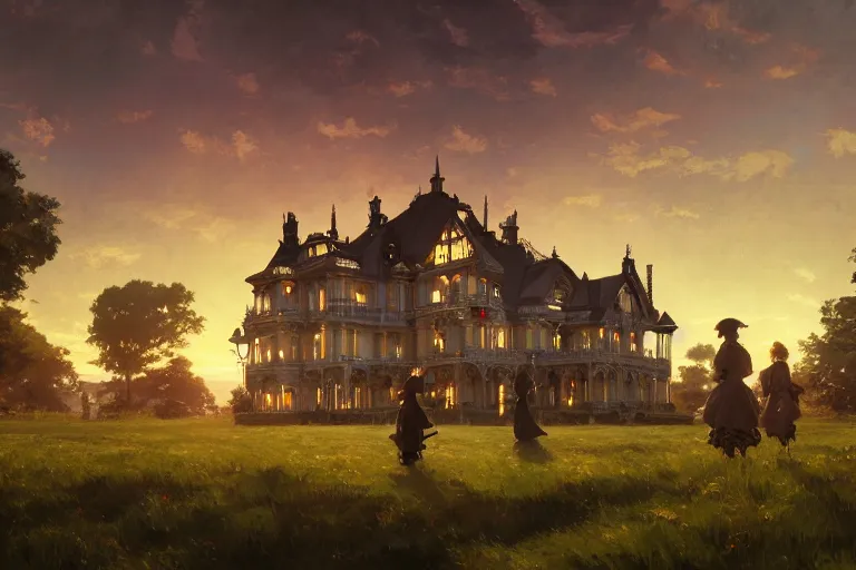 Image similar to an ornate victorian house, party in front, scene in an open field. 1 8 9 0, key visual, conceptart, ambient lighting, highly detailed, digital painting, artstation, concept art, sharp focus, by makoto shinkai and akihiko yoshida and greg manchess