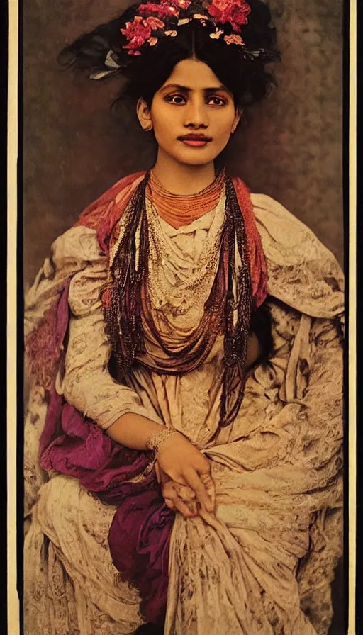 Image similar to vintage portrait photo of a beautiful beautifully lit nepalese Victorian woman by alphonse mucha and annie leibovitz