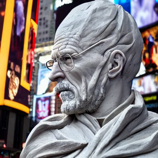 Image similar to extreme long - shot photograph of a renaissance clay sculpture of walter white wearing a phrygian cap in times square, made by michelangelo, very detailed, sharp focus, 8 k resolution, ray tracing