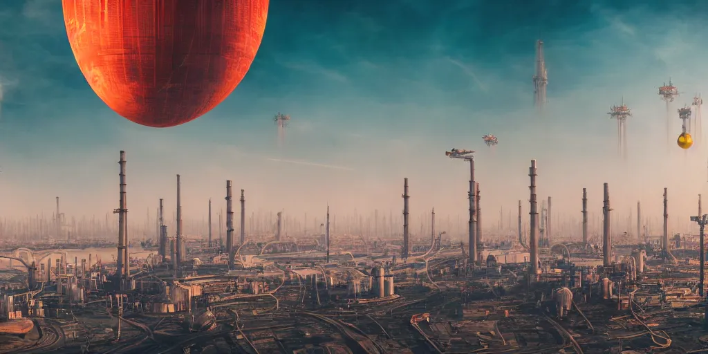 Image similar to big futuristic city like coruscant, with a yellow green smog sky, cinematic lighting, power plants with smoke, factories, tall metal towers, flying metal orbs with red lights, flying vehicles, a big moon in the sky, one blimp in the distance, hd 4k photo