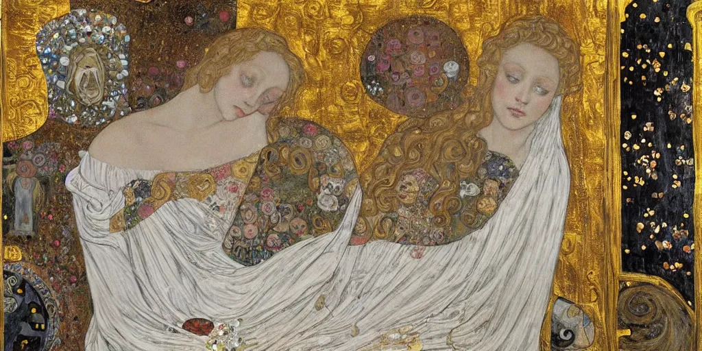 Image similar to a fresco of a blonde maiden in a white gothic dress, lying on the floor of a church, surrounded by golden decorations, white marble, some white flowers, in a luxurious style, by klimt