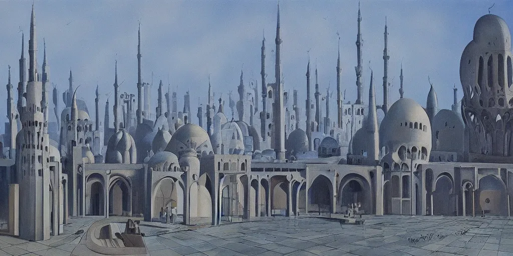 Image similar to a beautiful painting of islamic architecture, city landscape, islamic architecture, louis kahn, fantasy, futuristic, by yves tanguy, trending on artstation