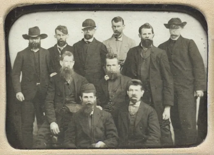 Prompt: tintype photo a group of men with a woolly mammoth