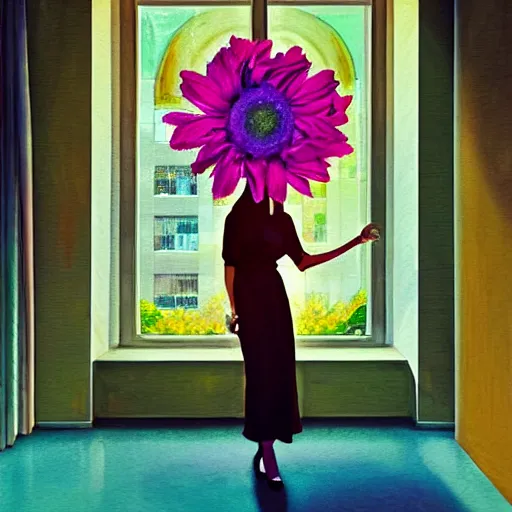 Image similar to giant flower under head, woman next to modern windows, luxury apartment, surreal photography, dramatic light, impressionist painting, digital painting, artstation, arthur adams