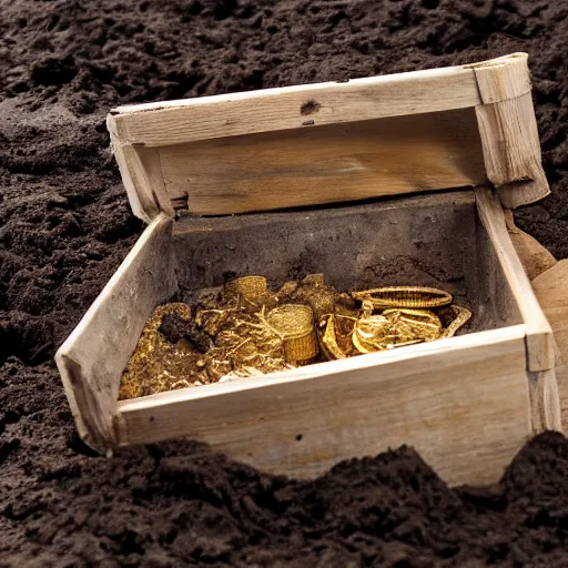 Image similar to a wooden box full of gold treasure, partially buried in mud