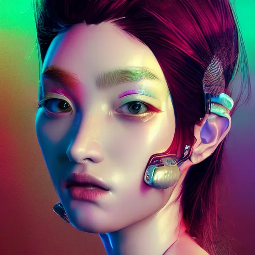 Image similar to the portrait of an absurdly beautiful, graceful, sophisticated, fashionable cyberpunk gravure idol, an ultrafine hyperdetailed illustration by kim jung gi, irakli nadar, hanna moon, leslie zhang intricate linework, bright colors, collage, porcelain skin, unreal engine 5 highly rendered, cgsociety, global illumination, radiant light, detailed and intricate environment