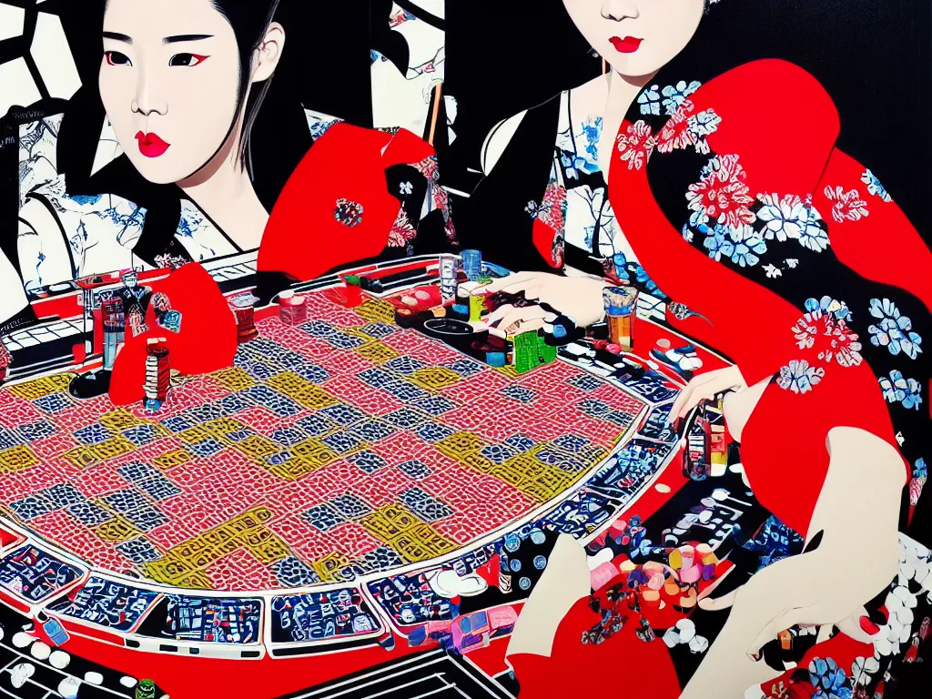 Image similar to hyperrealism composition of the detailed woman in a japanese kimono sitting at an extremely detailed poker table with darth vader, fireworks and folding screen on the background, pop - art style, jacky tsai style, andy warhol style, acrylic on canvas