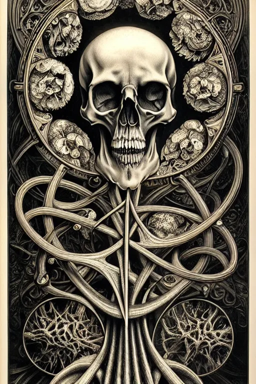 Image similar to detailed realistic memento mori lithograph by cameron gray and ernst haeckel, gothic ornament, skulls, bones, art nouveau, neogothic, ornate art nouveau botanicals, horizontal symmetry, polished