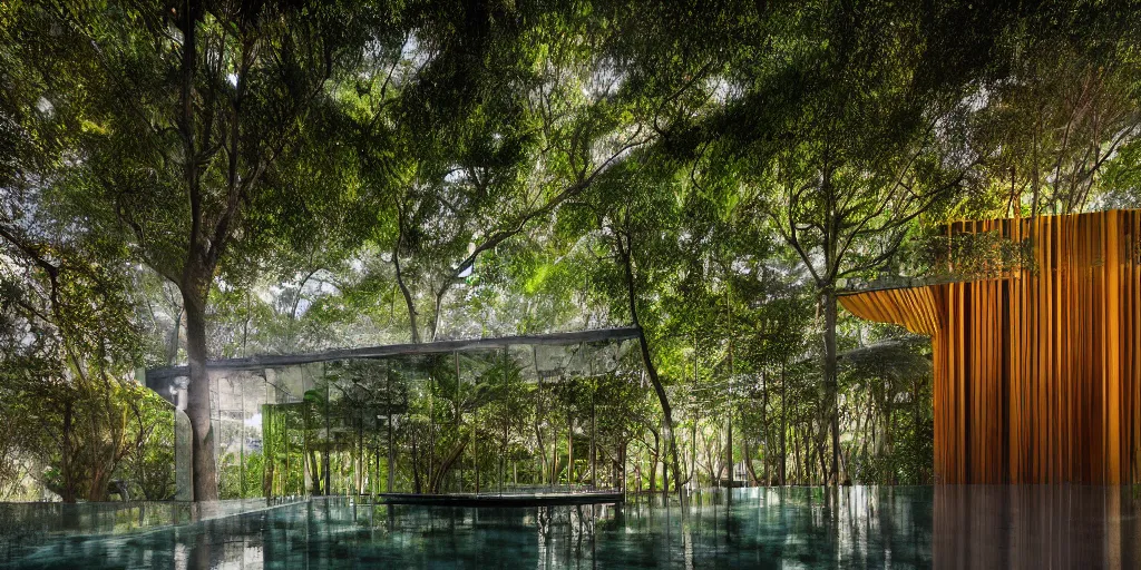 Image similar to Architectural photography of beautiful nature meets architecture building by Luis Barragán, in a tropical forest, volumetric lighting,, luxury, high detail, 14mm, cinematic photography, archdaily, high resolution