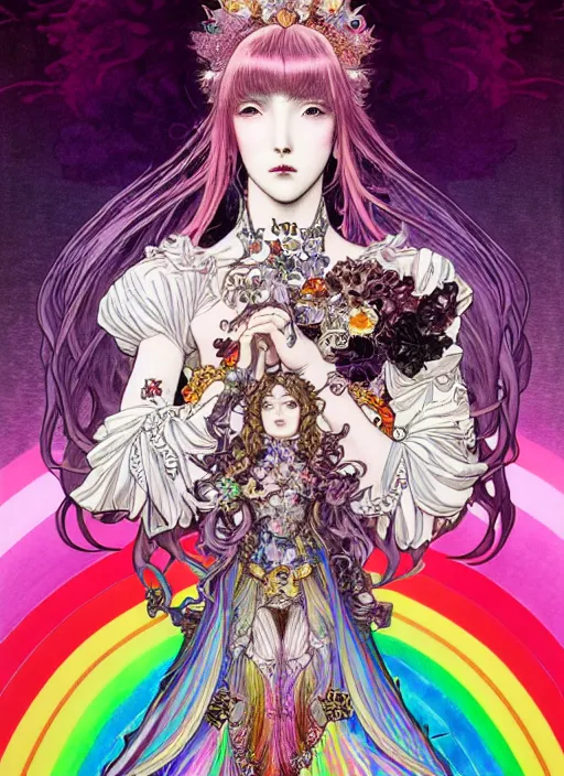 Prompt: artstation highly detailed terada katsuya ayami kojima manga poster of princess mechine, rainbow gradient reflection, long hair, armor, dress, laces, ruffles, 8 k, maximalist,, jump comics, tomer hanuka, alphonse mucha