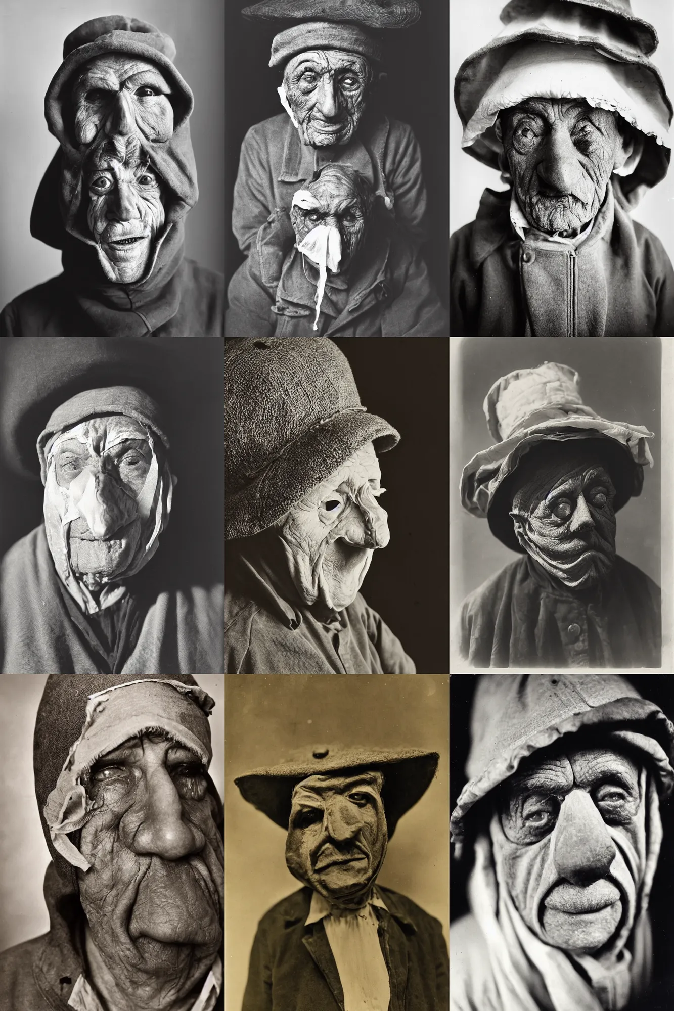 Prompt: high contrast studio close - up portrait of a wrinkled old man wearing a pulcinella mask, clear eyes looking into camera, baggy clothing and hat, backlit, dark mood, nikon, photo by james van der zee, masterpiece